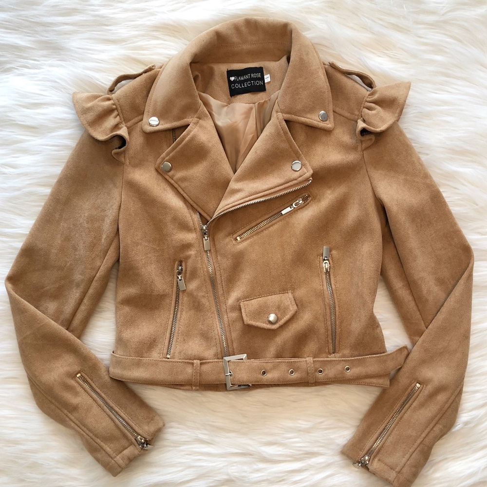 Tan Suede Ruffled Biker Jacket
